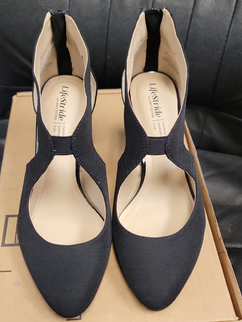 Life Stride Black T-Strap Pointed Toe Heels